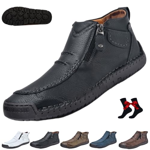 Orthopädische Lederstiefel für Herren, handgefertigt, Premium-Leder, breite Zehengewölbeunterstützung, Fahrstiefel, die ersten jungen Schuhe, Schwarz , 44 EU