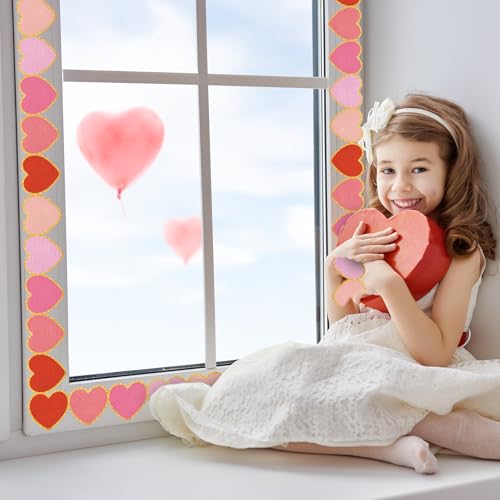 Image of Whaline 32.8 Ft Valentine's Day Bulletin Board Borders Red Pink Heart Shaped Die-Cut Border Trim with Gold Edge for Valentine's Day Anniversary Chalkboard Decoration