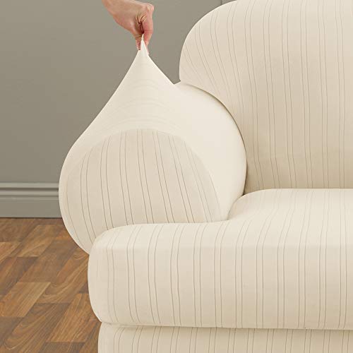 SureFit Stretch Pinstripe 2 Piece T Cushion Loveseat Slipcover in Cream