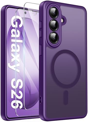 Opkiegrn Magnetisch für Samsung Galaxy S26 Hülle, Dunkelviolett | 2x Schutzfolie, Kompatibel mit MagSafe, Vollständiger Kameraschutz, Stoßfest Transluzente Matt Schutzhülle S26 Hül