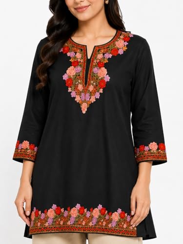 Image of HAUTEMODA Women Cotton Floral Embroidered Short Kurti, Tunic, Three-Fourth Sleeves, White