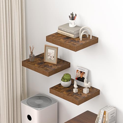Image of Dreamland 16 inch Floating Shelves for Wall, 12 inch Deep Thicker Floating Shelves, Wall-Mounted Shelves for Bedroom, Living Room, Kitchen, Bathroom,Rustic Brown - Set of 3