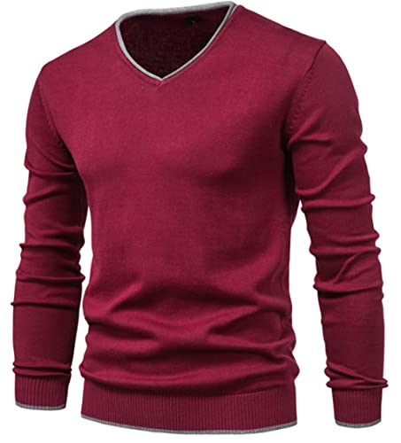 V-Neck Men's Sweater Solid Color Long Sleeve Autumn Slim Sweaters Men Casual Pull Men Clothing(Gray,Medium)3