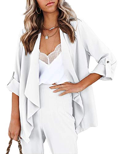 Cicy Bell Womens Casual Blazer Long Sleeve Draped Open Front Cardigan Work Office Blazer (White,Large)