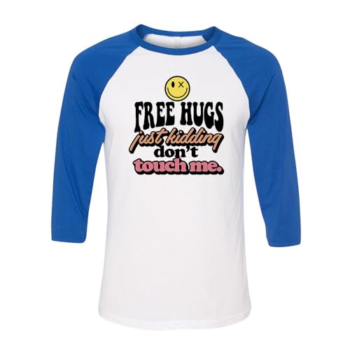 TeesAndTankYou Free Hugs Just Kidding Three-Quarter Raglan Sleeve Baseball Shirt Unisex X-Small White/Royal