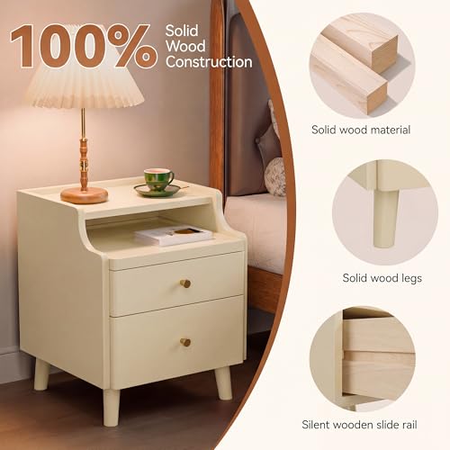 Image of Nightstand Set of 2, Pre-Assembled, 19.7 inchH Solid Wood Night Stand with 2 Drawers, Open Sliding Shelf, Mid Century Modern Small Bedside Table for Bedroom, Cream 16 inch