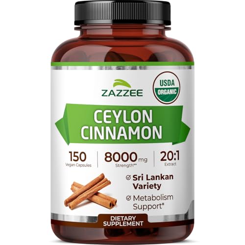 Zazzee USDA Organic Ceylon Cinnamon 20:1 Extract 150 Vegan Capsules 5 Month Supply Sri Lankan Variety Cinnamomum Verum Antioxidant & Metabolic Support All-Natural Non-GMO Made in the USA