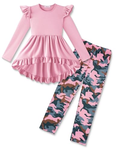 Image of Arshiner Toddler Girl Clothes Ruffle Trim Long Sleeve Pullover Top and Floral Print Leggings Fall Outfits Kids Clothing Sets