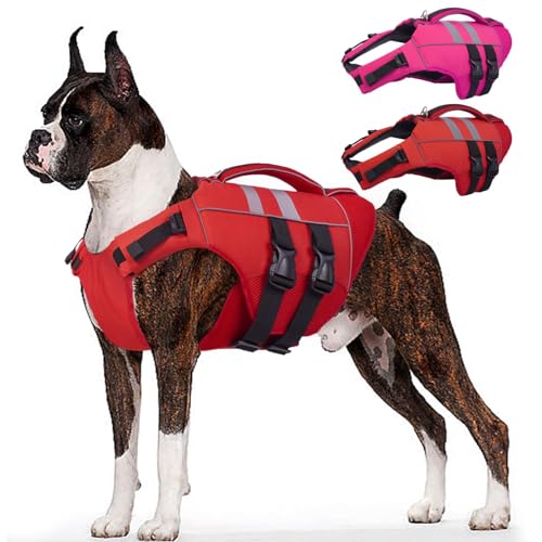 Kuoser Dog Life Jacket, XXL Dog Life Vest for Swimming Boating, Reflective Doggie Swimming Vest Pet Swim Preserver with Rescue Handle, Rosered XXL XXL
