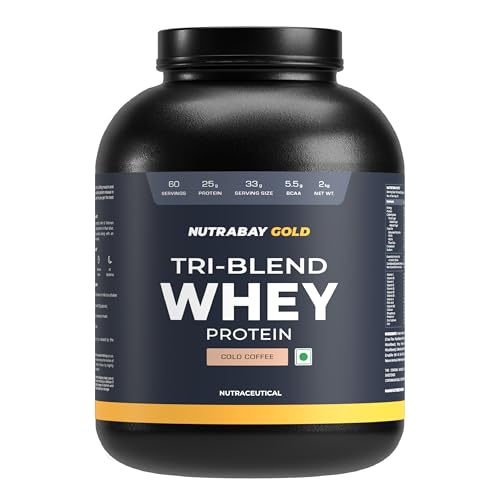 Image of Nutrabay Gold Tri Blend Whey Protein Powder - 2kg, Cold Coffee| 25g Protein, 5.5g BCAA | Concentrate, Isolate, Hydrolyzed Protein | Muscle Growth & Recovery | Gym Supplement for Men & Women