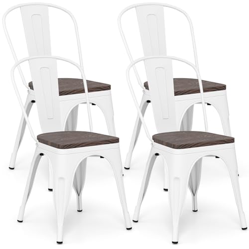 Image of COSTWAY Stackable Metal Dining Chairs Set of 4 with Wood Seat and High Back | White, Industrial Vintage Style, Elm Wood Seat Board, 18 Inch, for Dining Room, Kitchen, Bar, Cafe, Bistro, Restaurant