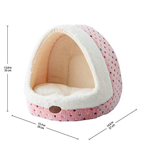 Tofern Haustierbett aus Fleece mit bunten Punkten, gestreift, für kleine und mittelgroße Hunde und Katzen, Iglu-Haus, rutschfest, warm, waschbar