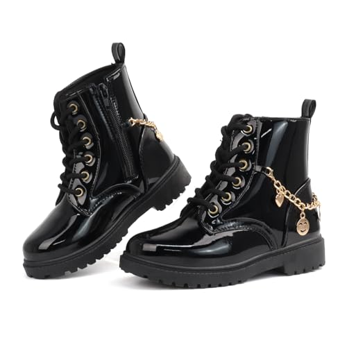 Glamor Chaser Girls Combat Boots - Stylish Black Boots with Gold Chain Charms for Kids angle 4