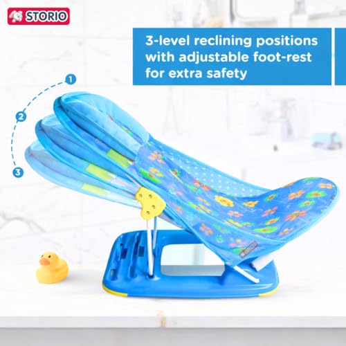 Image of Storio Newborn Baby Bather | Foldable 3-Position Adjustable Bath Chair for Infants 0-12 Months | Anti-Skid Base | Soft Washable Mesh Seat | Comfortable & Safe Bath Support for Babies up to 5Kg - Blue