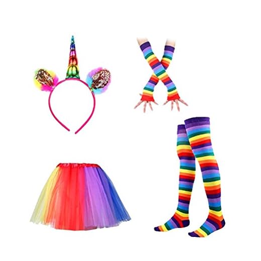 Luoem - Diadema de unicornio, falda, tutú, calcetines altos de rayas multicolor y guantes largos, disfraz de unicornio para mujer