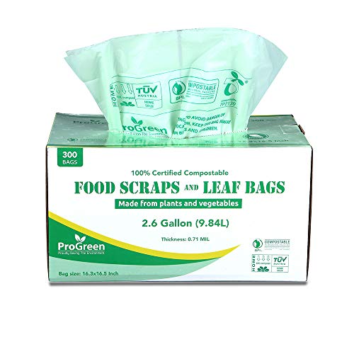 ProGreen 100% Compostable Bags 2.6 Gallon, 300 Count, Extra Thick 0.71 Mil, Small Compost Kitchen Trash Bags, Food Scraps Yard Waste Bags, Compost ASTM D6400 BPI and TUV Austria Certified