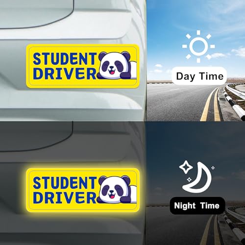 Image of Student Driver Please Be Patient Car Magnet, Yellow Panda Cute Shape, Patient with Reflective Magnetic Bumper Sticker Set Detachable, Novice Safety Signs.Set of 3