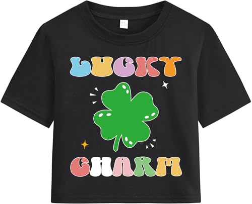 Image of Girls Crop Tops St Patricks Day T-Shirts Lucky Clover Short Sleeve Shirts Kids Shamrock Tees 5-14 Years