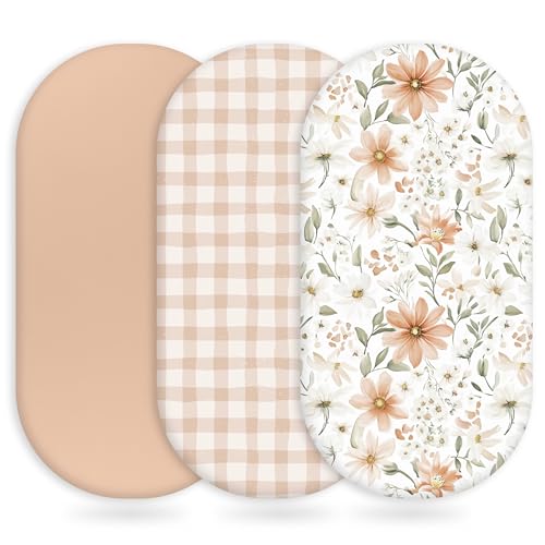 Image of Unnivoll Baby Bassinet Sheets Girl Boy, Fitted Bassinet Sheet Set 3 Pack Bassinet Mattress Sheets Universal Fit for Rectangle, Round, Oval, Hourglass Mattress, Soft Breathable Orange Flowers & Plaid