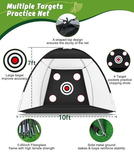 MUVPOH Golf Net: 10x7ft Golf Practice Net for Backyard Chipping Driving with Dual-Turf Golf Hitting Mat, All-in-1 Outdoor Indoor Golf Hitting Net with Multiple Targets, Golf Aid for Men/Golf Lovers