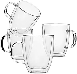 Brew To A Tea - Insulated Coffee Mug, Coffee Glass, Large, Set of 4 (16oz, 500ml), Double Wall Glass Coffee Cups, Tea Cups, Latte Cups, Glass Coffee Mug, Latte Mug, Clear Mugs, Glass Cups