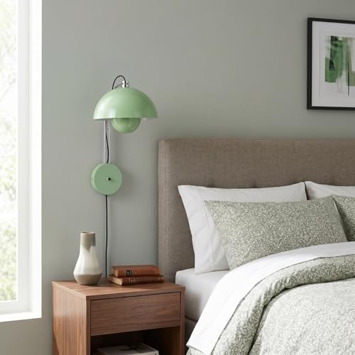 Image of Mid-Century Modern Bud Plug in Wall Sconces for Bedroom, Pastel Green | Indirect lighting reading wall lamp, all-metal construction, plug-in or hardwired install, fits bedroom bedside, living room