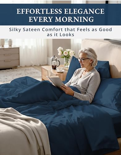 Image of LANE LINEN Full Size Sheet Sets 100% Egyptian Cotton Sateen - Estate Blue | Full Sheet Set - 4-Piece Set, 16 inch Deep-Pocket Snug Fit, 1000 Thread Count, Refreshes A Guest Room, Luxe Sheen,
