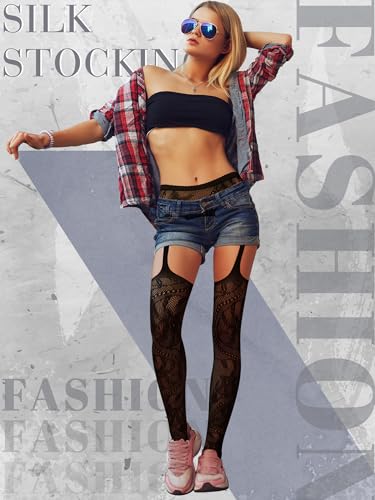 Image of Skylety 6 Pairs Fishnet Stockings for Women, M-L, Black Color | Plus Size Stretchy Thigh-high Tights, Suspender Pantyhose, Garter Belts,black