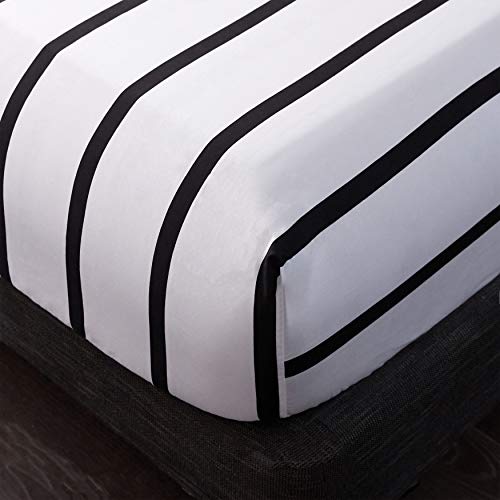 Lamejor Bed Sheet Set Queen Size Simplicity Black Striped Pattern Deep Pockets Easy Fit Hotel Luxury 4 Piece - 1 Flat Sheet, 1 Fitted Sheet, 2 Pillowcases White #TOP3