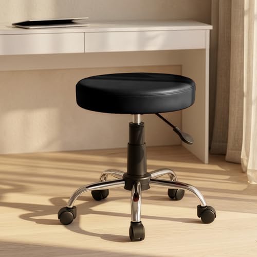 Image of DIYA Seating Nexa Round Stool (1 Year Warranty) with Adjustable Height, Wheels and Bonded Leather Upholstery, Sitting Stool for Salon, Doctor, Medical, Spa, Restaurant, Kitchen, Musicians- Black