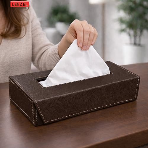 Image of LEEZEL| Tissue Box Holder with 100 Pulls Cotton Rags Tissue | Handcrafted Fine Leather - Like Finish | for Gifting, Office Desks, Cars & Home Decor | Durable & Water Resistant. (Chocolate)