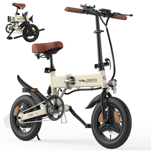 ESKUTE E Bike Herren F200, 14 Zoll Klapprad Elektrofahrrad, 36V 7.8Ah Akku Lange Reichweite bis 35-50KM, Mini Faltbike mit Handyhalterung & USB-Ladeanschluss, E-Mountainbike, Cremeweiß