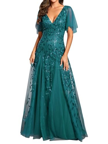 Image of Ever-Pretty Women's Sequin Formal Dresses Evening Gown Sparkly V-Neck Short Sleeve Floor Length Mother of The Bride Dress 736