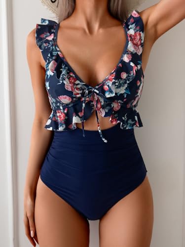 Image of Eomenie One Piece Swimsuit for Women Tummy Control Ruffle Bathing Suit V Neck Ruched Swim Suit Slimming Cutout Swimwear