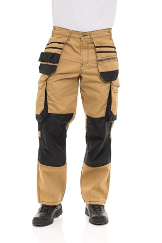 Morrab Men’s Cargo Durable Pants Work Trouser with Tool Pockets Tactical Construction Work Safety Pants Khaki W38 x L34