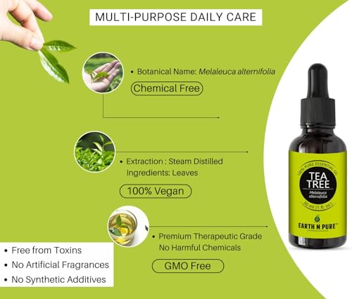 Image of Earth N Pure Tea Tree Essential Oil for Acne, Skin and Scalp Care - 100% Pure Natural Tea Tree Oil for Face, Hair & Aromatherapy - Steam Distilled - 15ml Pack Of 2