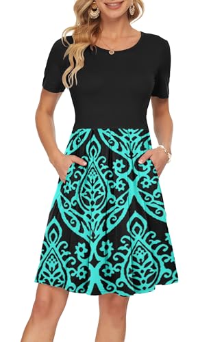 Image of AUSELILY Women's Short Sleeve Pleated Swing Summer Dress with Pockets | Knee-length short sleeve dress, empire waist & pockets, ideal for casual daily wear and vacation