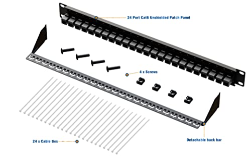 Image of iwillink 10Gbps Patch Panel 24 Port, RJ45 Through Coupler Cat6 Patch Panel UTP 19-Inch 1U with Back Bar, Wallmount or Rackmount, Compatible with Cat5, Cat5e, Cat6 Cabling