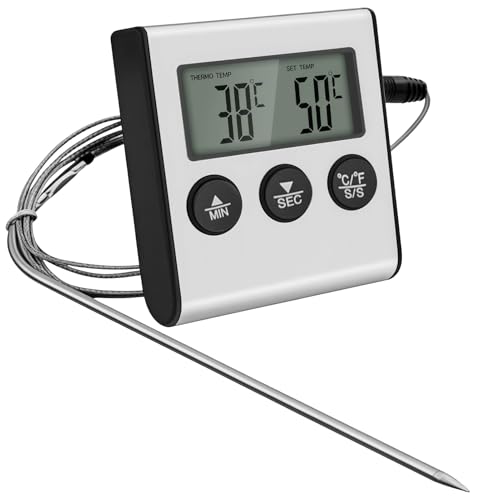 Thermomètre de Cuisine Numérique avec Large Écran LCD, Thermometre à Viande Cuisson avec Minuteur et Sonde de Températures en Acier Inoxydable pour...