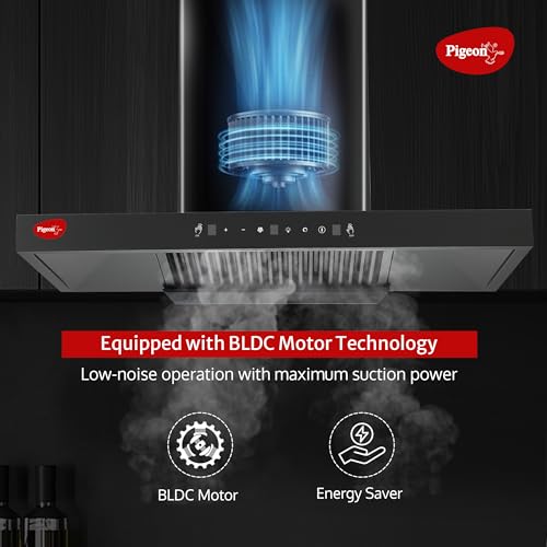 Image of Pigeon Atmos 90 cm BLDC T Shape Kitchen Chimney 1500 m3 /hr | Filterless Autoclean Kitchen Chimney | 12 Years Motor and 2 Years Comprehensive Warranty |Black | 9 Speed Touch Control + Motion Sensor