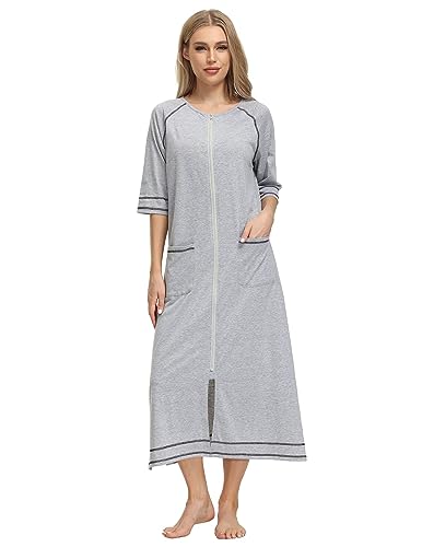Image of Veseacky Women Robe Zipper Front House Coat 3 /4 Sleeve Nightgown Full Length Ladies Lounge Dress with Pockets S-XXL