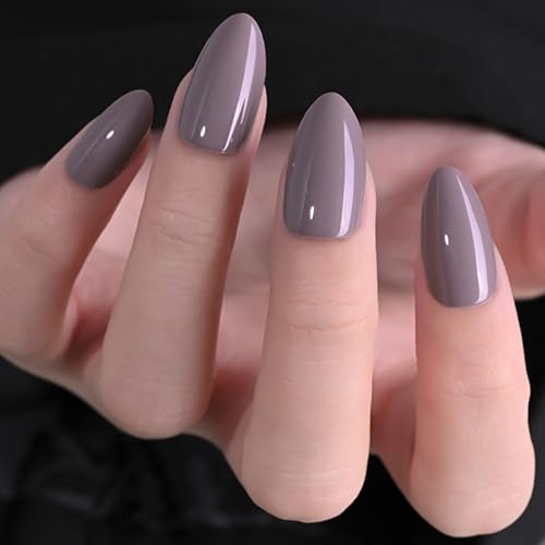 evpct Glossy Press on Nails Short Almond Short for Women, Taupe Grey Fake Nail with Kits Salon Quality Reusable Stick on Nails In 15 Sizes 30Pcs Full Cover False Nail Soft Gel Set Kit for Gift, 17