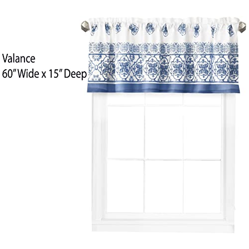 Newbridge Mykonos Blue Mediterranean Tile Print Bordered Window Curtain Valance, Blue Medallion Print, No-Iron Fabric Valance, 60” Wide x 15” Deep Valance - Image 3