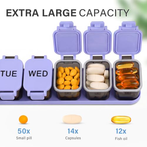 Image of Yaklim Extra Large Weekly Pill Organizer - Waterproof 7-Day Pill Box, Portable Vitamin & Supplement Case, Easy to Open Design, Ideal for Travel and Daily Medication Management (BlackPurple, 2 Packs)