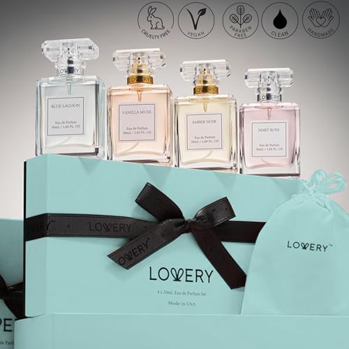 Christmas Gifts for Women, Perfume for Women, Women's Perfume Gift Set - 4pc Sampler With Vanilla Musk, Amber Noir, Blue Lagoon & Mary Rose Fragrances - Large Bottle of Floral Parfum Made in France