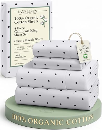 Image of LANE LINEN 100% Organic Cotton Printed California King Sheets Set, Fully Elasticized Reinforsed Seams in Fitted Pocket, Naturally Cooling All Season Cal King Sheet Deep Pocket Bedding- Polka Dot
