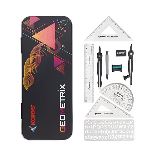 Image of Kores Geometrix Geometry Box for Students | Complete Mathematical Instrument Box with Die-Cast Compass, Divider, Protractor, Scale, Set Squares, Stencil, Pencil, Eraser & Sharpener | School & Exam Use