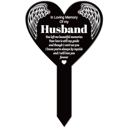 GLOBLELAND Heart Shaped Wings Garden Stake Memorial Husband Remembrance Plaque Stakes for Cemetery Acrylic Waterproof Sympathy Garden Stake for Yard Grave Cemetery