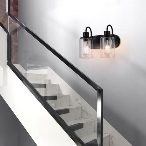 Image of Matte Black Bathroom Light Fixtures Over Mirror,2-Light Bathroom Vanity Light with Clear Glass Shade,Modern Farmhouse Wall Sconces Lighting for Kitchen Living Room Bedroom Cabinet