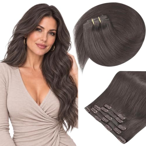 Sunny Hair Clip in Hair Extensions Real Human Hair Smoky Ashy Brown 85g